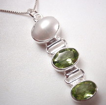 Cultured Pearl &amp; Faceted Peridot Triple-Gem 925 Sterling Silver Necklace - £13.01 GBP