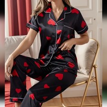 Women&#39;s Red Heart Print Black Pajama Set, Sleepwear and loungewear Size L - £25.06 GBP