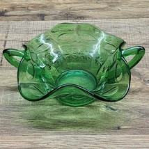 Green Depression Glass Etched Small Ruffled Basket Bowl Dish With Handle... - £19.58 GBP