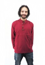  Men&#39;s Handmade Casual Boho Cotton Shirt Size S-M-L-XL Burgundy - $27.95