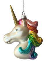 Unicorn Hanging Glass Ornament White with Glitter Horn &amp; Curly Rainbow Mane - £19.02 GBP