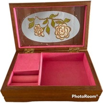 Vtg MELE Wooden Musical Jewelry Box with Painted Flowers Pink Interior VIDEO - £13.91 GBP