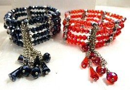  Lot of 2 Silver Black &amp; Red Iridescent Crystal Rhinestones Stretch  Bracelets - £23.65 GBP