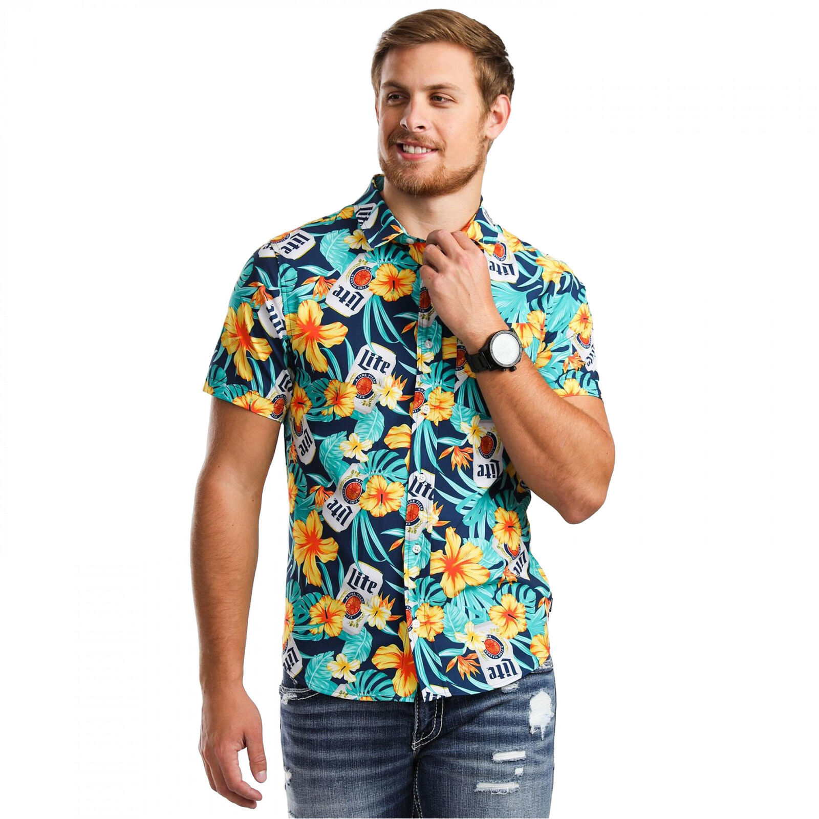 Primary image for Miller Lite Tropical Cans Hawaiian Shirt Multi-Color