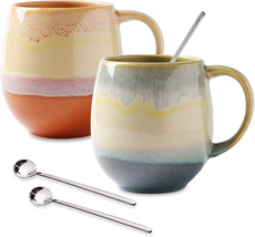 Large Coffee Mugs 16 Oz,  Set with Spoons, 2-Pack Ceramic - £22.70 GBP