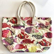 Vintage Lands End Canvas Tote Bag Fish 90s Made in USA Summer Beach Multicolored - £39.07 GBP