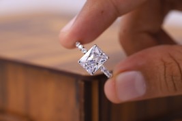 1.5 carat Radiant Cut Moissanite Diamond Ring, Half Pave Set Engagement Band - £106.06 GBP