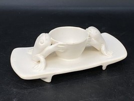 Ceramic Trinket Dish 2 Frogs Holding Bowl White Art Nouveau Style - $30.48 CAD