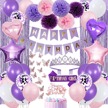 Purple Pink Birthday Decorations for Women Girls Butterfly Party Decor Set Inclu - £28.16 GBP