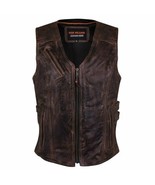 Ladies Premium Leather Motorcycle Vest Vintage Brown Concealed Carry MC ... - £86.72 GBP+