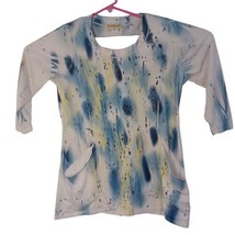 Womens Top Size S Pockets Blue/Yellow Paint Splatter Print Impulse California - £8.49 GBP