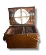Wood Picnic Basket Set for 4 People Complete Set Plates Utensils Glasses... - $48.00
