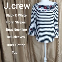 J.crew White &amp; Black Floral Print Striped Cotton Knit Top Size M - $15.00