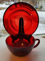 Vintage Lot Ruby Red Anchor Hocking 3 Cup &amp; 4 Saucers 1950s b - £18.64 GBP
