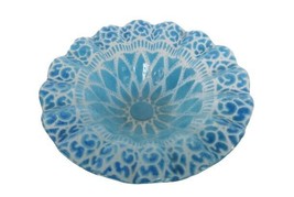 Vintage clear &amp; blue fused art glass abstract pattern ruffle edge candy dish - £23.97 GBP