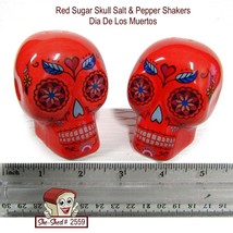 Red Sugar Skull Salt &amp; Pepper Ceramic Shakers Dia De Los Muertos - £7.77 GBP