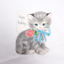 Happy Birthday Kitten Cat Grey Fuzzy Vintage Card Used Hallmark - $22.77