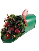 VINTAGE CHRISTMAS DECORATION GreenTin Mailbox Floral Fruit Arrangement - $24.67