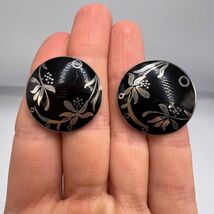 Vintage Puset Women's Jewelry Silver Round Stud Earrings Black Enamel - $90.00