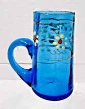 Antique Hand Enameled Floral Electric Blue Miniature Cup Vessel 2 1/8 inch - $24.26