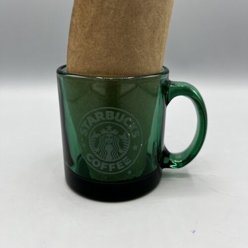 Vintage 1990s Starbucks Clear Green Glass 12oz Coffee Mug Gray Mermaid Logo USA - $19.79