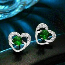 2Ct Round Simulated Emerald Heart Shape Halo Stud Earrings 14k White Gold Plated - £79.80 GBP