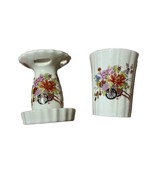 Japan Pottery Art Toothbrush Holder and Cup Cart Of Flowers Design - $19.16 CAD
