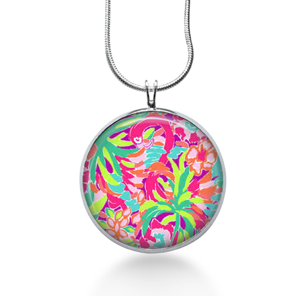 Swan necklace - lilly pulitzer inspired fabric - pink swans, beach pendant, swan - $18.32