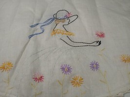 Vintage 43&quot; x 16.5&quot; Table Runner Girl Picking Flowers Hand Stitched Lace... - $11.81