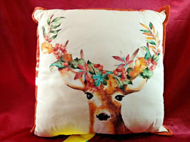 Deer Throw Pillow Leaves on antlers Art Square Cushion Cover 14 Inches square - £13.58 GBP