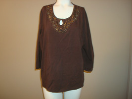 TanJay Top 3/4 Sleeve Brown with Bling Solid EUC - £17.29 GBP