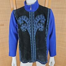 Vtg Bob Mackie Jacket Woman 2X Blue Suede Embroidered Wearable Art Boho Zip - $34.54