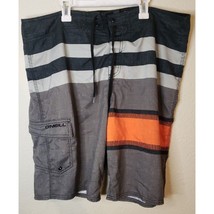 ONeill Board Shorts Size 38 Striped Gray Orange Quick Dry Pocket Surf Swimsuit - £10.83 GBP