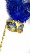Dark Blue Gold Stick Venetian Masquerade Mardi Gras Feather Mask - £16.38 GBP