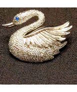 Gerrys Brushed Silver Swan Small Brooch Pin Blue Eye Rhinestone Costume ... - $14.01
