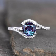 2.30Ct Round Cut CZ Alexandrite Halo Engagement Ring 14K White Gold Plated - £99.68 GBP