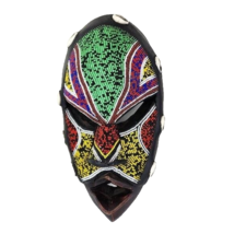 African Beaded Mask Ebony Wood Shell Accents - $78.21