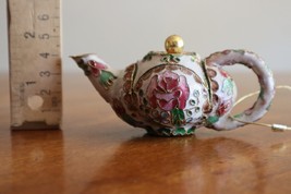 Vintage Cloisonne Minature Teapot Coffee Kettle Christmas Floral Ornamen... - $14.25