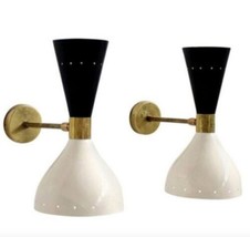 Pair Of Wall Sconces Light Handcrafted Lamps Black &amp; White painted Finish Lights - $105.58