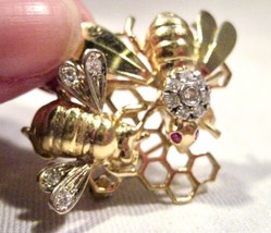 Vintage 14K Diamond Ruby Bees on Honeycomb Brooch K072 - $1,188.00