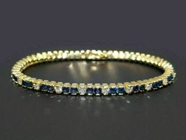 10 Ct Round Cut Blue Sapphire &amp; Diamond Tennis Bracelet 14K Yellow Gold Finish - £136.80 GBP