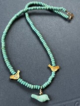 Small Turquoise Stone or Glass Beads w Silvertone &amp; Plastic Bird Pendant Necklac - £11.64 GBP