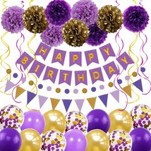 Purple Gold Birthday Decorations Party Supplies Include Happy Birthday Banner 14 - £20.47 GBP