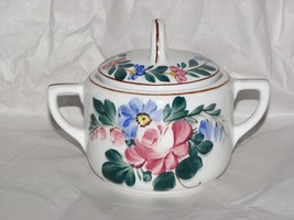 Kispest 2 Twin handles Sugar Bowl Floral Design HUNGARIAN Hand Painted - $24.74