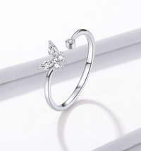 Platinum Plated 925 Sterling Silver Butterfly Tail Adjustable Ring - Size 6-8 - £17.66 GBP