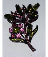 Vintage Rhinestone Pin Brooch Black Japanned Flower Pink Green Fuchsia O... - $53.63