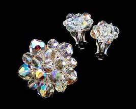 Vintage Crystal Brooch &amp; Earrings Jewelry Set Clear Aurora Borealis 1950S - $47.04