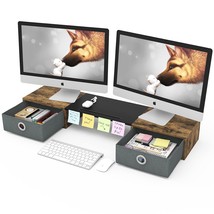 Dual Monitor Riser With Two Drawers, Extra Large Storage For 2 Monitors With Sol - £59.14 GBP