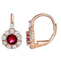 14K Rose Gold Plated Simulated Red Ruby Floral Drop Leverback Earrings 1.60 CT - £53.35 GBP