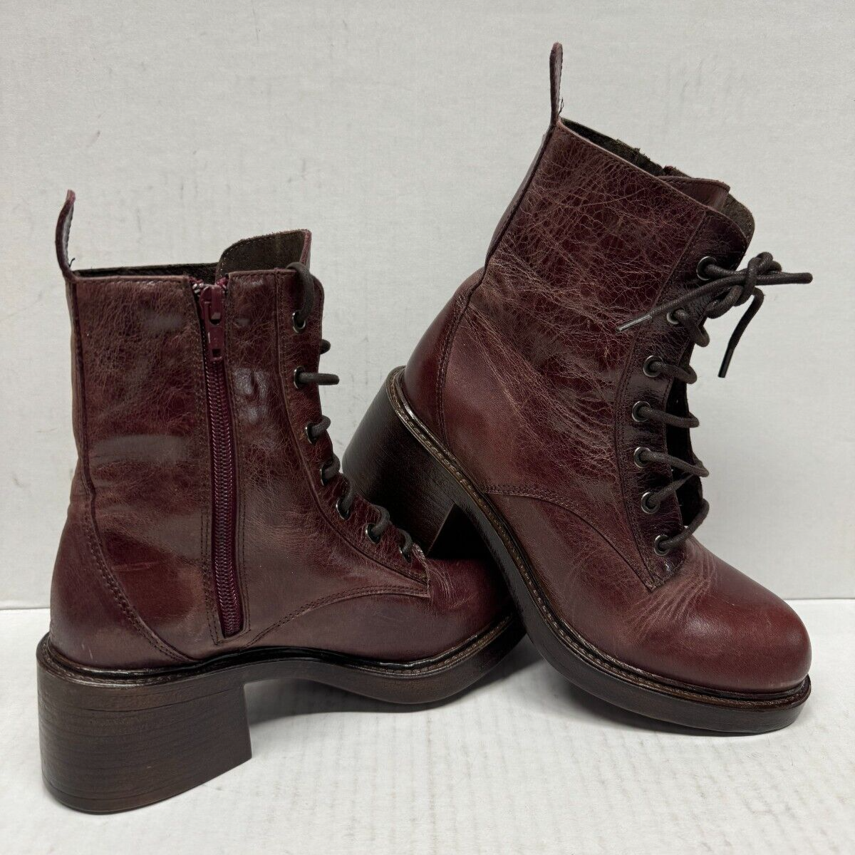 MIZ MOOZ  LEATHER SIDE ZIP LACE UP  BOOT WINE 37EU / 7US  # C-80 - $137.61